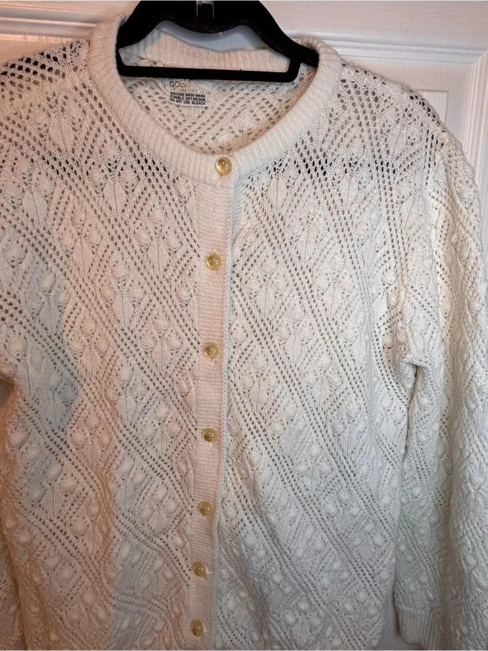 Vintage It’s Pure Gould Ivory Pointelle Cable Knit Cardigan Sweater Made USA